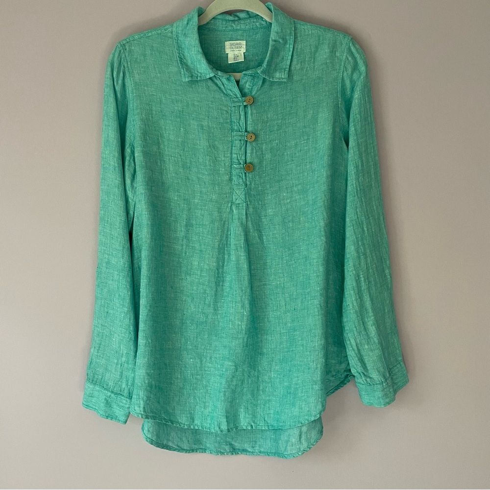 Sigrid Olsen 100% Linen Tunic Top S Collar Blue Roll Tab Long Sleeve Lagenlook